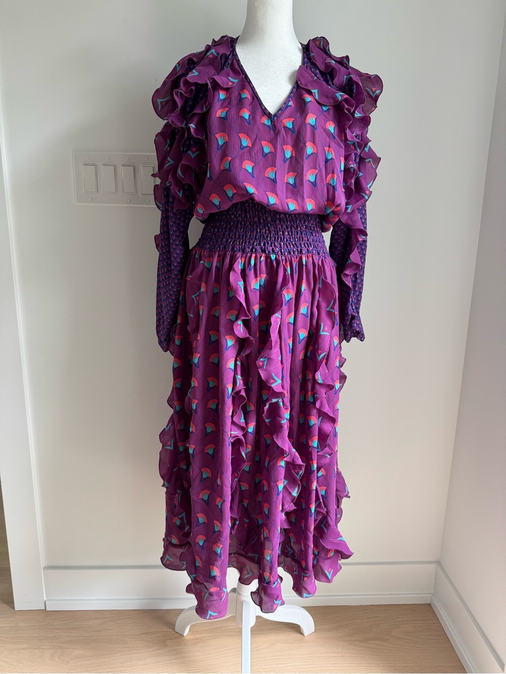Judi Michaels For Seasons Vintage 80s Ruffle Maxi Dress Floral Purple Blue L